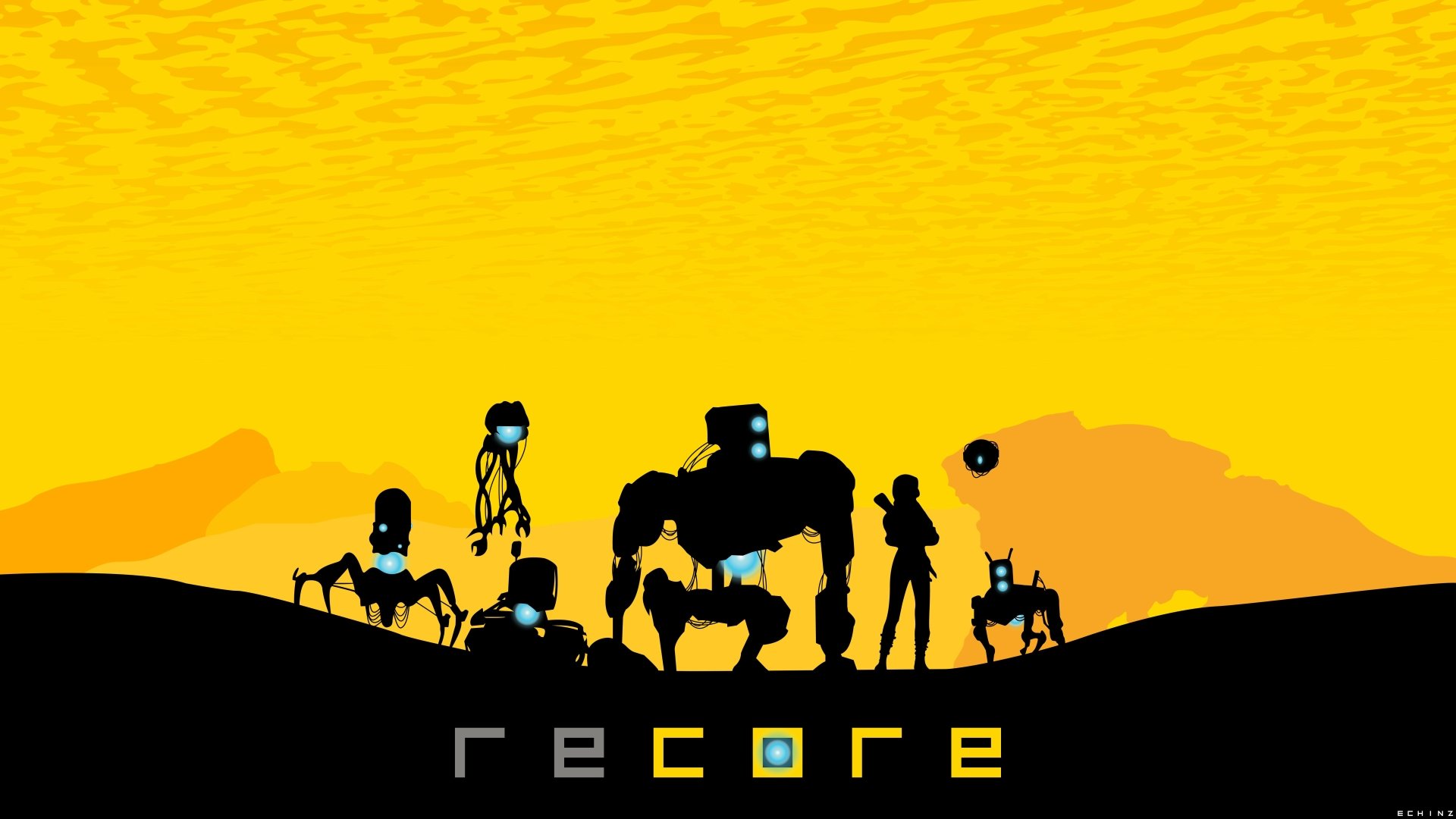 HD wallpaper featuring silhouettes of Joule Adams, Mack, Seth, and Duncan from ReCore against a yellow background.