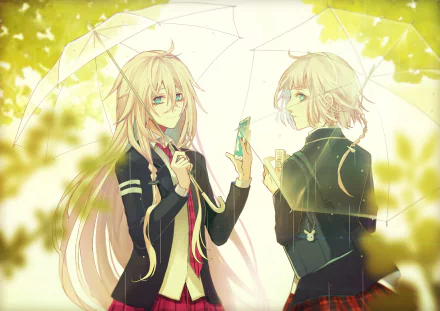Anime-style HD wallpaper featuring ONE (CeVIO) and IA (Vocaloid) smiling under transparent umbrellas in the rain, wearing school uniforms with braided blonde and short hair.