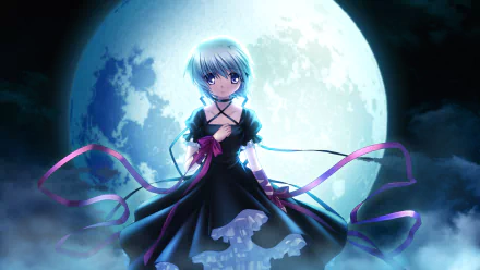 A captivating HD wallpaper featuring Kagari from the anime Rewrite, standing elegantly in a dark dress against a luminous full moon backdrop, surrounded by mist.