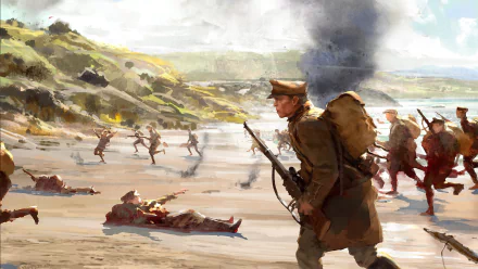 A dramatic scene from Battlefield 1, depicting soldiers advancing on a beach amidst smoke and chaos, serves as an engaging HD desktop wallpaper.