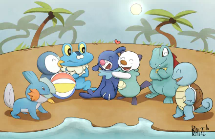 HD PC desktop wallpaper featuring Water-type starter Pokémon Popplio, Froakie, Oshawott, Piplup, Mudkip, Totodile, and Squirtle playing together on a beach.
