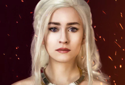 A stunning HD wallpaper featuring a woman in Daenerys Targaryen cosplay from Game of Thrones, showcasing her iconic blonde hair and fierce expression against a fiery background.