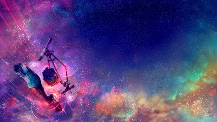 An anime boy gazes into a vibrant cosmic reflection, surrounded by a stunning night sky filled with colorful swirls and stars, creating a captivating HD desktop wallpaper.