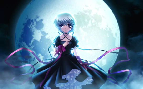 A captivating HD wallpaper featuring Kagari from the anime Rewrite, standing elegantly in a dark dress against a luminous full moon backdrop, surrounded by mist.