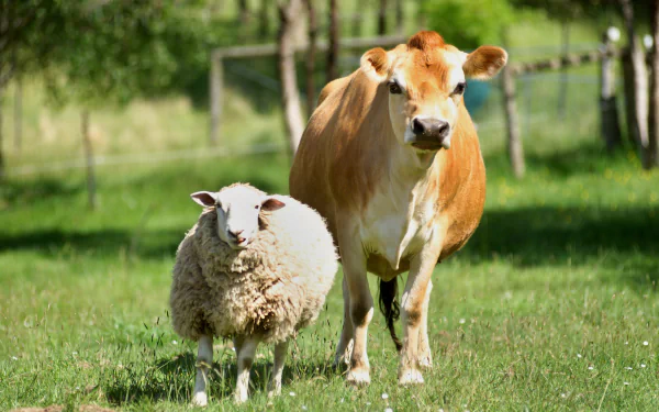 HD desktop wallpaper featuring a sheep and a cow standing together in a sunlit grassy farm setting, highlighting peaceful farm animals in a natural environment.