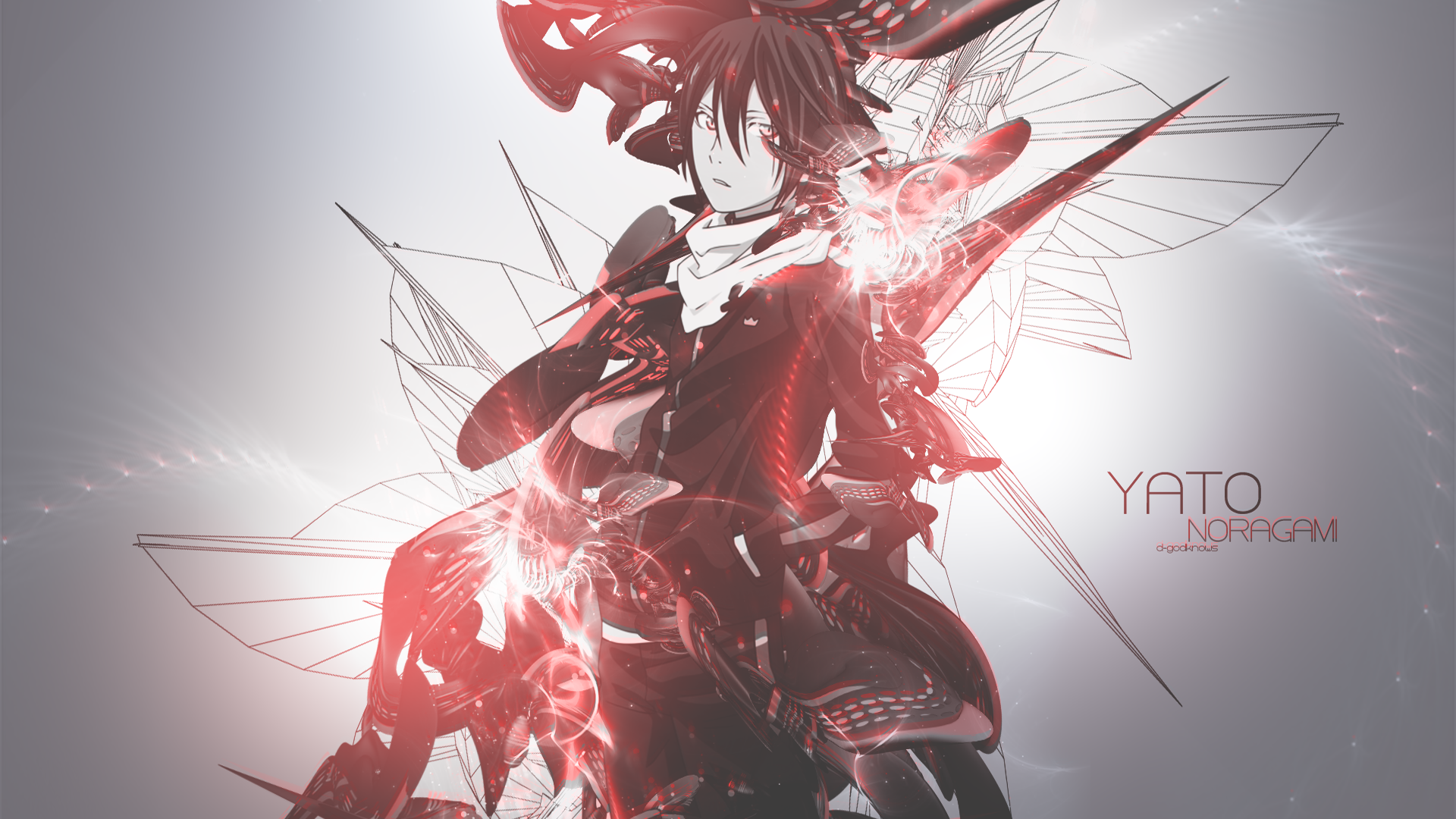 Yato from Noragami stands confidently in this HD desktop wallpaper, featuring a striking design with red and black elements that capture the essence of the anime.