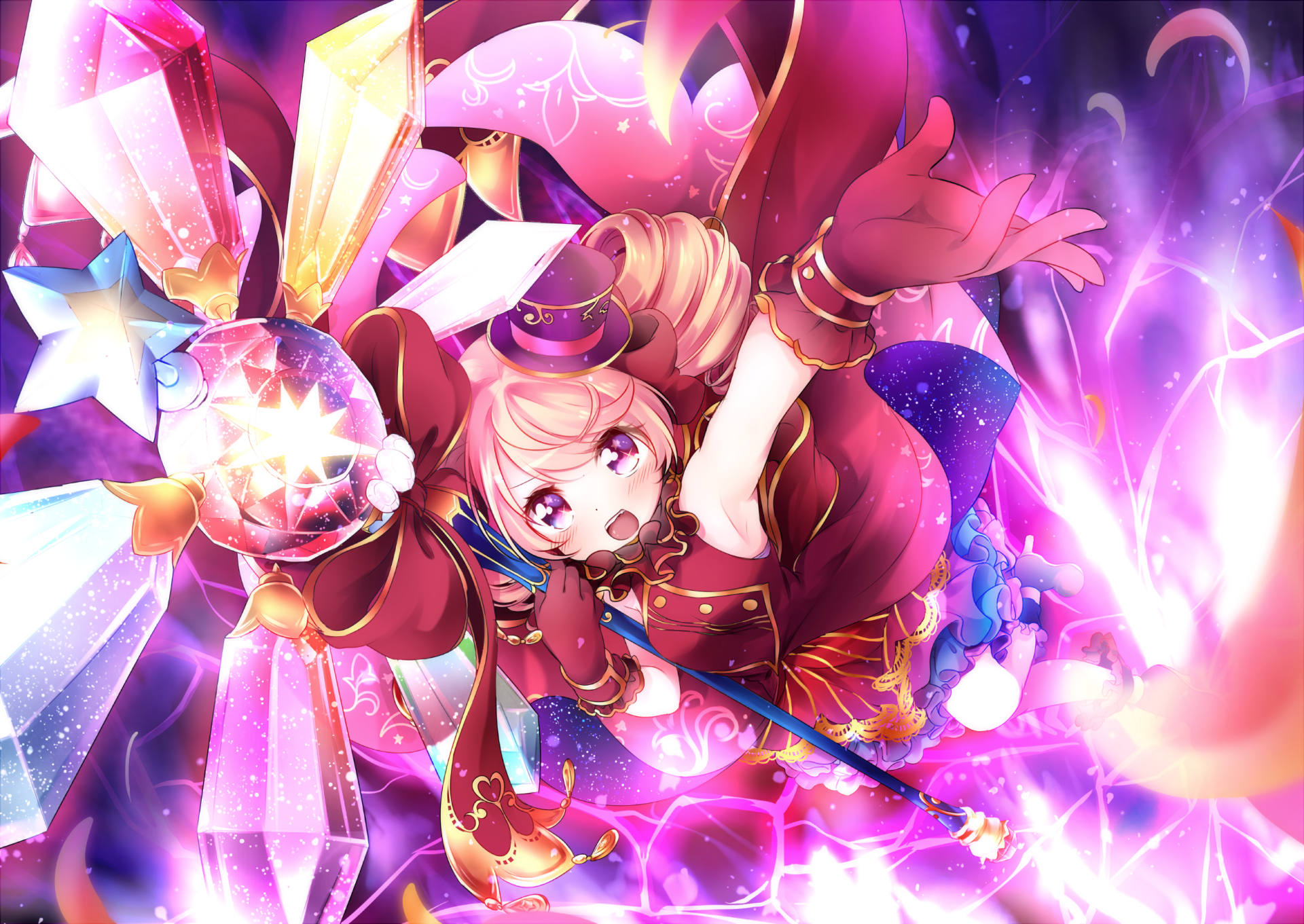 Vibrant HD anime wallpaper featuring Luciko from Otoca D'or, surrounded by glowing crystals and dynamic purple hues, designed as a PC desktop background.