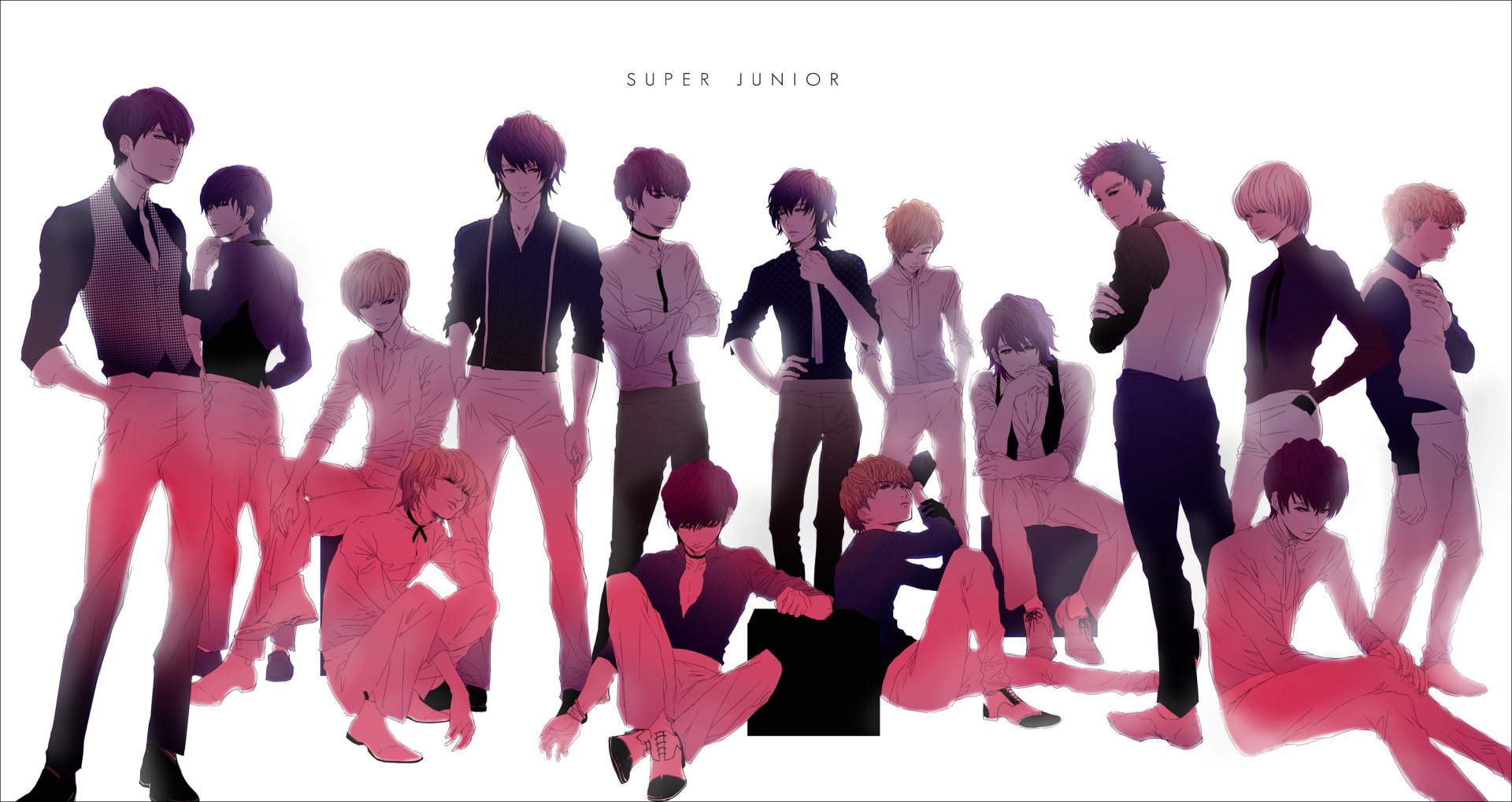 HD desktop wallpaper featuring silhouettes of Super Junior members in various poses with a pink and white gradient background.