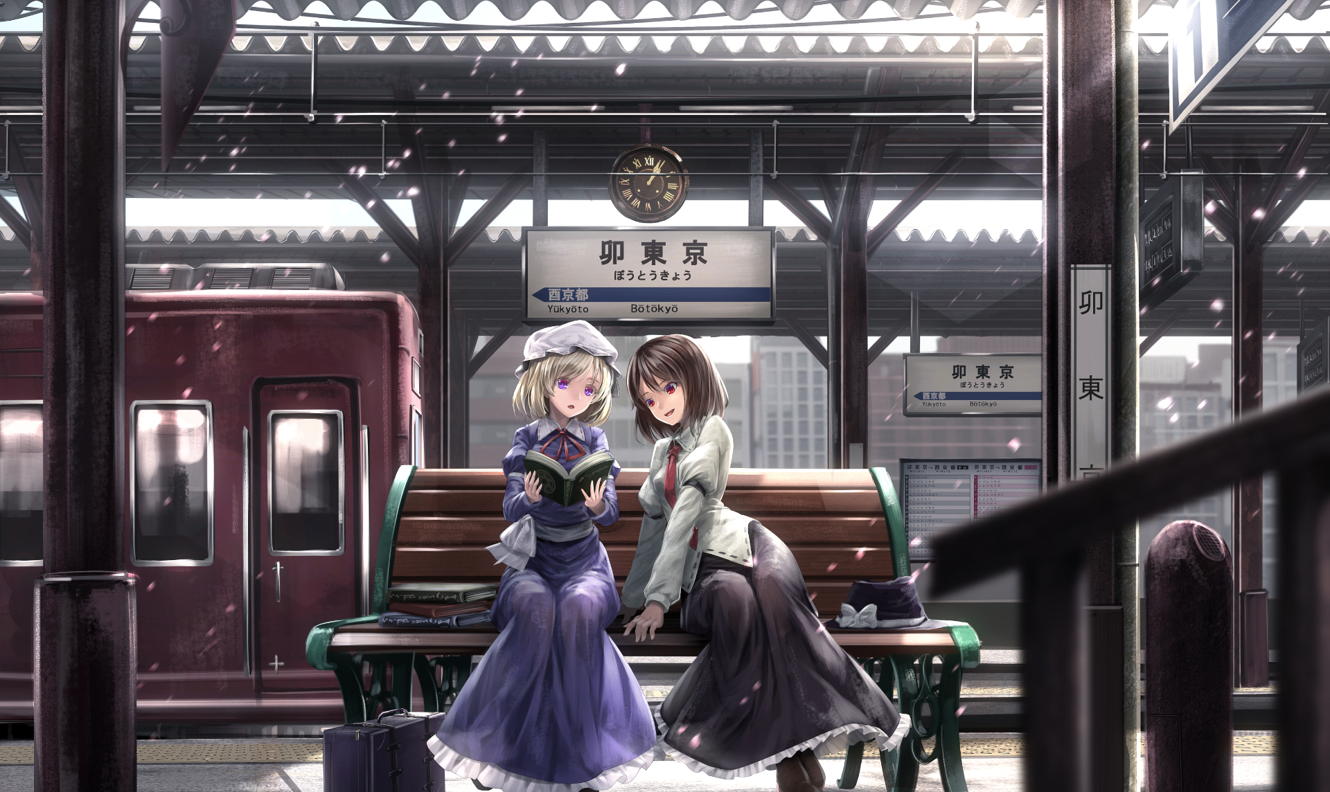 Anime-style HD wallpaper featuring Maribel Hearn and Renko Usami from Touhou, sitting together on a bench at a detailed train station platform.