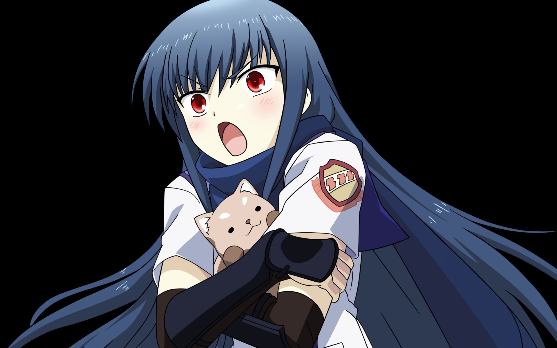 4K Ultra HD PC wallpaper featuring Eri Shiina from the anime Angel Beats!, holding a small plush dog with long dark hair and red eyes against a black background.