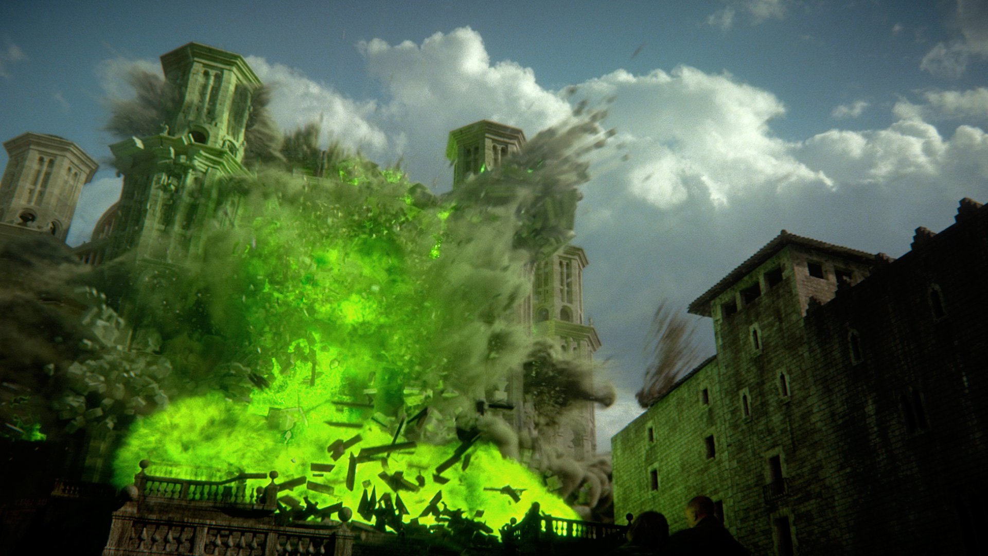 A dramatic scene from the TV show Game of Thrones featuring a powerful explosion engulfing a castle, surrounded by ominous skies. This HD wallpaper captures the intensity of the series.