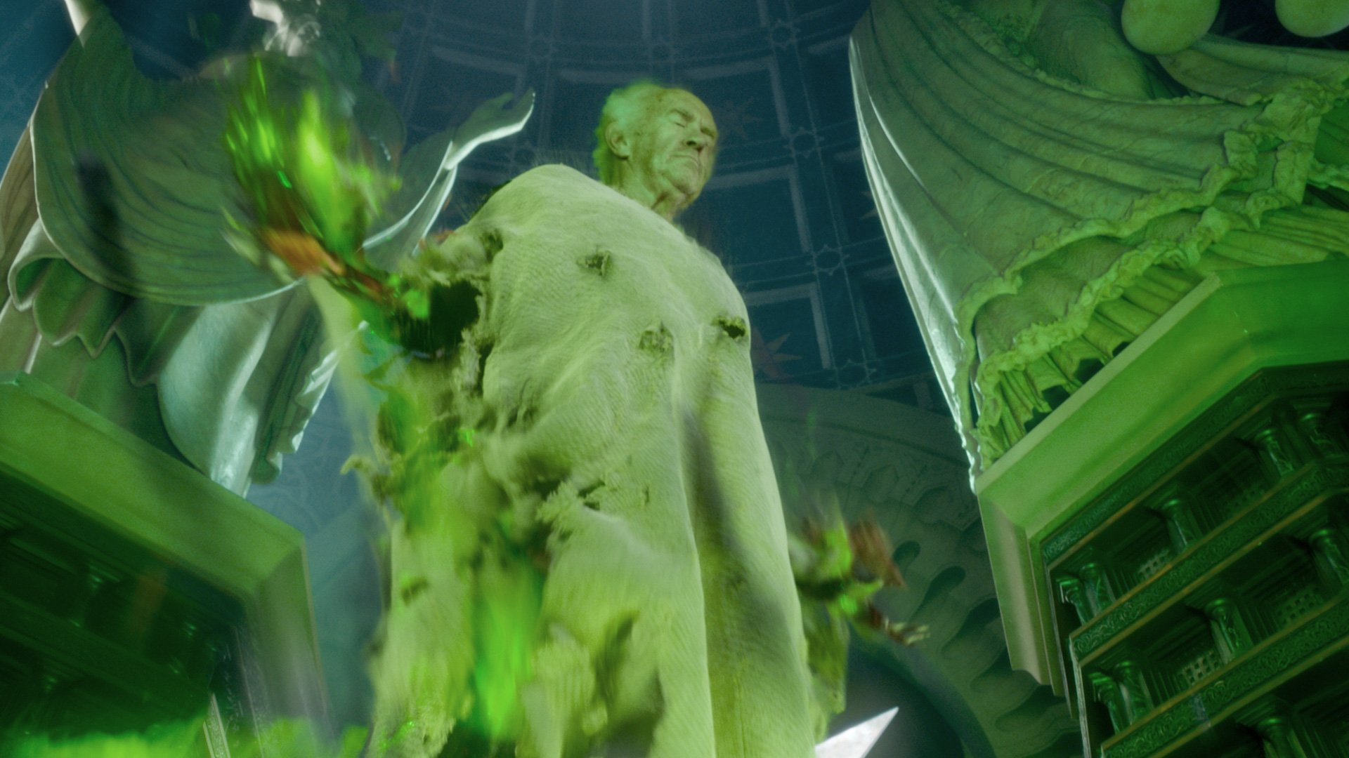An eerie scene from Game of Thrones featuring a ghostly figure emitting green energy, set against a mysterious, dimly lit backdrop. HD wallpaper for fans of the show.