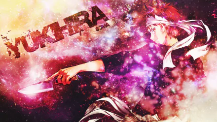 An HD wallpaper featuring Sōma Yukihira from the anime Food Wars: Shokugeki no Soma, showcasing his dynamic pose and vibrant, colorful background.