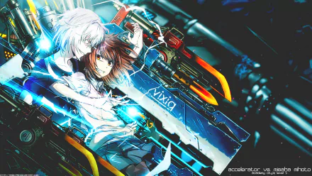 A dynamic HD wallpaper featuring Mikoto Misaka in a school uniform, alongside Accelerator, set against a vibrant, action-packed background inspired by *A Certain Scientific Railgun*.