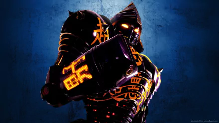 High-definition wallpaper featuring a robot from the movie Real Steel, showcasing intricate designs and glowing elements against a textured blue background.