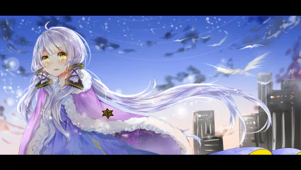 Stardust (Vocaloid) — an anime Vocaloid with long white hair and star-trimmed cloak, gazing over a starlit sky and city skyline with birds — HD PC desktop wallpaper background.