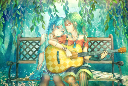 Anime-style HD desktop wallpaper featuring Vocaloid characters GUMI and Hatsune Miku sitting closely on a bench, surrounded by lush green foliage.