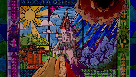 Colorful stained-glass HD desktop wallpaper depicting an artistic castle between sunlit hills and stormy mountains, vivid geometric panels and bold colors.