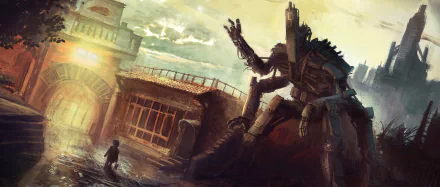 2K Quad HD PC desktop wallpaper/background: a child stands before a towering, rusted robot amid sunlit, decaying industrial ruins — moody sci-fi scene.