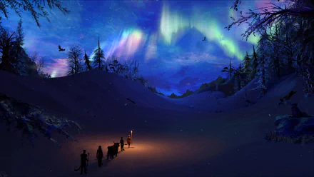 A winter landscape featuring a snowy mountain under a vibrant aurora borealis. Silhouetted trees frame the scene, while a group of travelers walks towards the light.