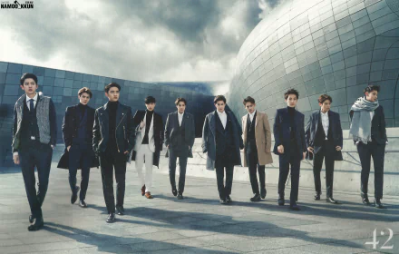HD desktop wallpaper featuring the K-pop group Exo in suits walking confidently against a modern architectural backdrop.