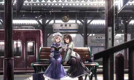 Anime-style HD wallpaper featuring Maribel Hearn and Renko Usami from Touhou, sitting together on a bench at a detailed train station platform.