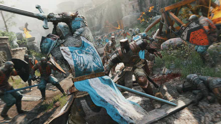 A fierce knight in detailed armor wields a sword amidst a chaotic battle scene, showcasing intense action from For Honor, a striking HD PC desktop wallpaper.