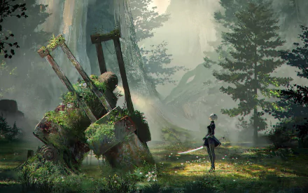 A woman warrior with white hair and a sword stands before a giant robot in a lush, forested landscape. This HD desktop wallpaper is inspired by the video game NieR: Automata.