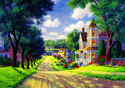A vibrant artistic painting of a colorful town, featuring charming houses along a tree-lined road, creating a picturesque and serene landscape. HD wallpaper for desktop backgrounds.