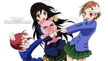 A vibrant HD wallpaper from Accel World featuring Yuniko Kouzuki, Haruyuki Arita, Chiyuri Kurashima, and Kuroyukihime in a playful scene with a pig character.