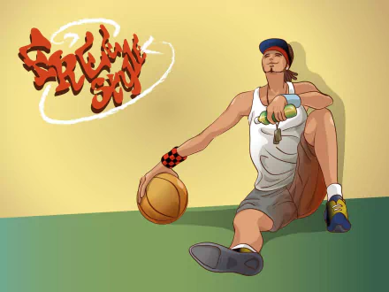 An animated basketball player relaxes against a wall, holding a basketball and wearing a casual outfit. The background features vibrant graffiti-style text, embodying a sporty vibe.