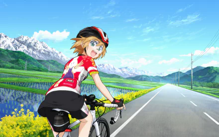 HD PC desktop wallpaper featuring Emi Kurata from the anime Long Riders! cycling on a scenic road with mountains and fields under a bright blue sky.
