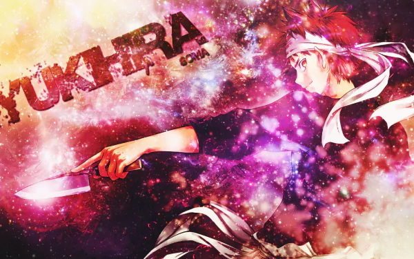 An HD wallpaper featuring Sōma Yukihira from the anime Food Wars: Shokugeki no Soma, showcasing his dynamic pose and vibrant, colorful background.