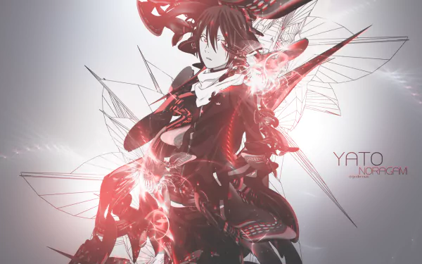 Yato from Noragami stands confidently in this HD desktop wallpaper, featuring a striking design with red and black elements that capture the essence of the anime.