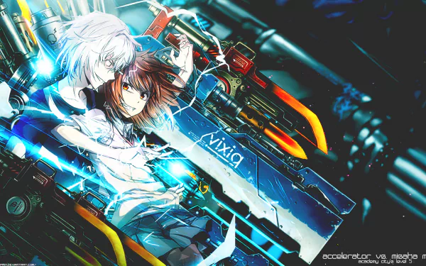 A dynamic HD wallpaper featuring Mikoto Misaka in a school uniform, alongside Accelerator, set against a vibrant, action-packed background inspired by *A Certain Scientific Railgun*.