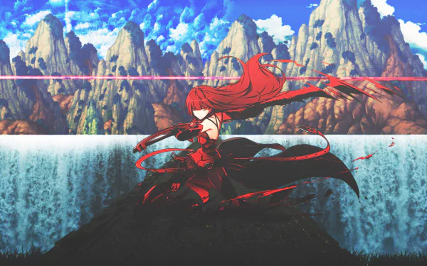 HD wallpaper featuring Elesis from the video game Elsword, showcasing her in a dynamic pose with flowing red hair against a dramatic landscape of mountains and water.
