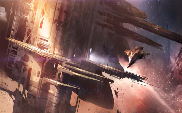 A stunning HD desktop wallpaper featuring a spaceship approaching a space station set against a cosmic backdrop, inspired by the video game Halo: Reach.