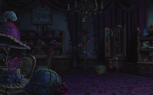 Dark anime room from Howl's Moving Castle features a mysterious purple hat and dimly lit shelves, creating a moody, atmospheric HD desktop wallpaper background.