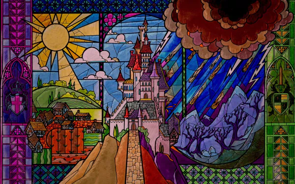 Colorful stained-glass HD desktop wallpaper depicting an artistic castle between sunlit hills and stormy mountains, vivid geometric panels and bold colors.