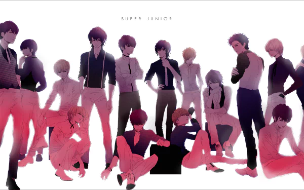 HD desktop wallpaper featuring silhouettes of Super Junior members in various poses with a pink and white gradient background.