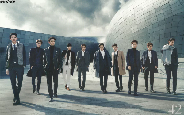 HD desktop wallpaper featuring the K-pop group Exo in suits walking confidently against a modern architectural backdrop.