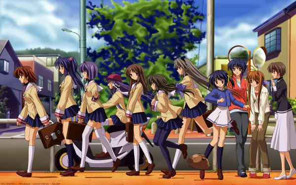 A vibrant HD desktop wallpaper featuring characters from Clannad, including Mei Sunohara, Tomoyo Sakagami, and Nagisa Furukawa, walk through a lively neighborhood scene.