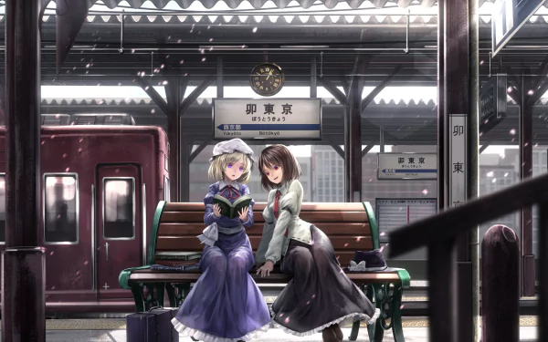 Anime-style HD wallpaper featuring Maribel Hearn and Renko Usami from Touhou, sitting together on a bench at a detailed train station platform.