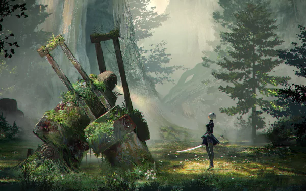 A woman warrior with white hair and a sword stands before a giant robot in a lush, forested landscape. This HD desktop wallpaper is inspired by the video game NieR: Automata.