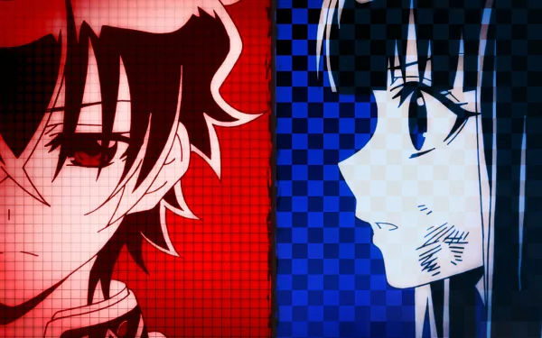 HD desktop wallpaper featuring Benio Adashino and Rokuro Enmadou from the anime Twin Star Exorcists, with a checkered background split into red and blue sections.