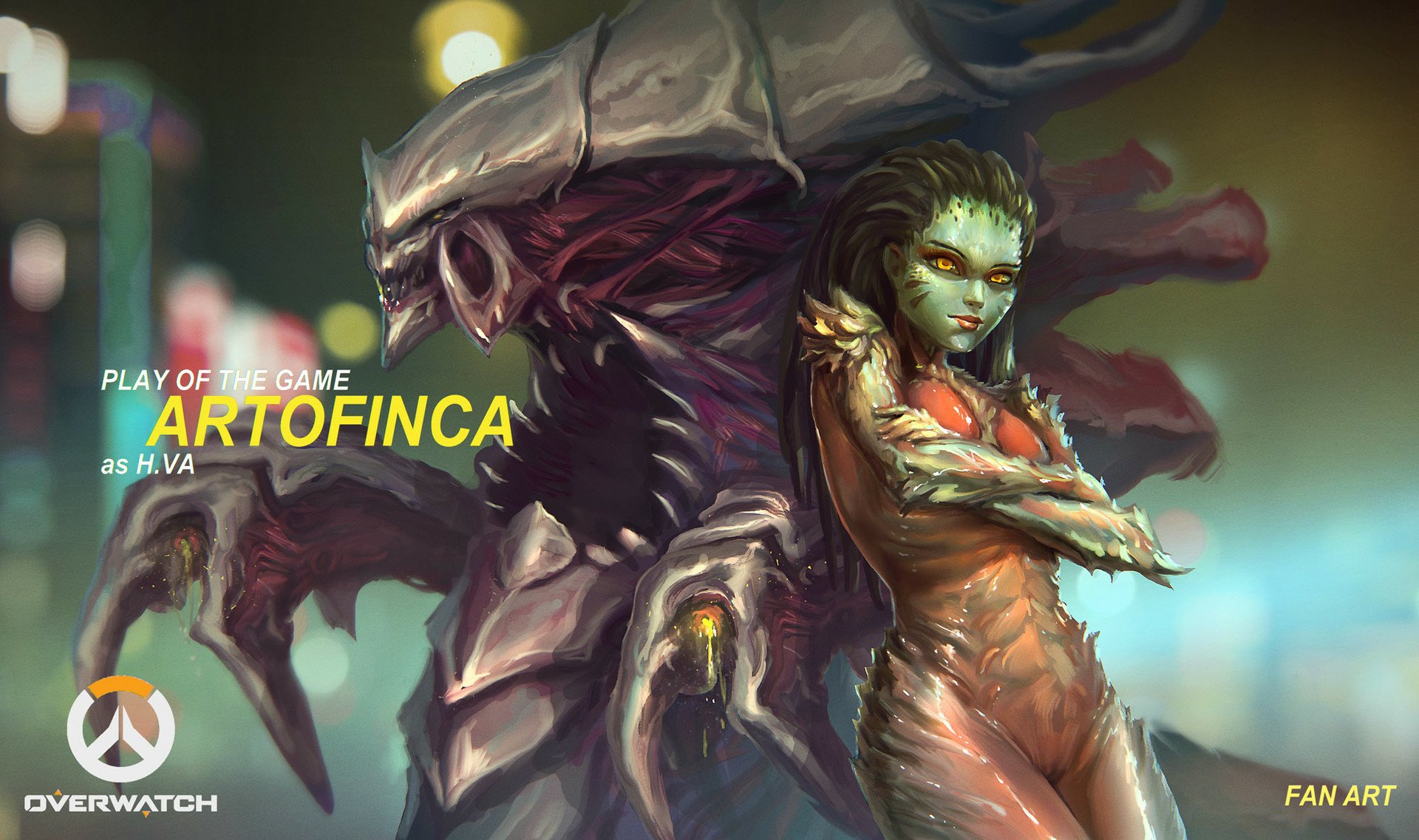 HD PC desktop wallpaper featuring a crossover of Sarah Kerrigan from Starcraft II and D.Va from Overwatch in a dynamic video game-inspired scene.