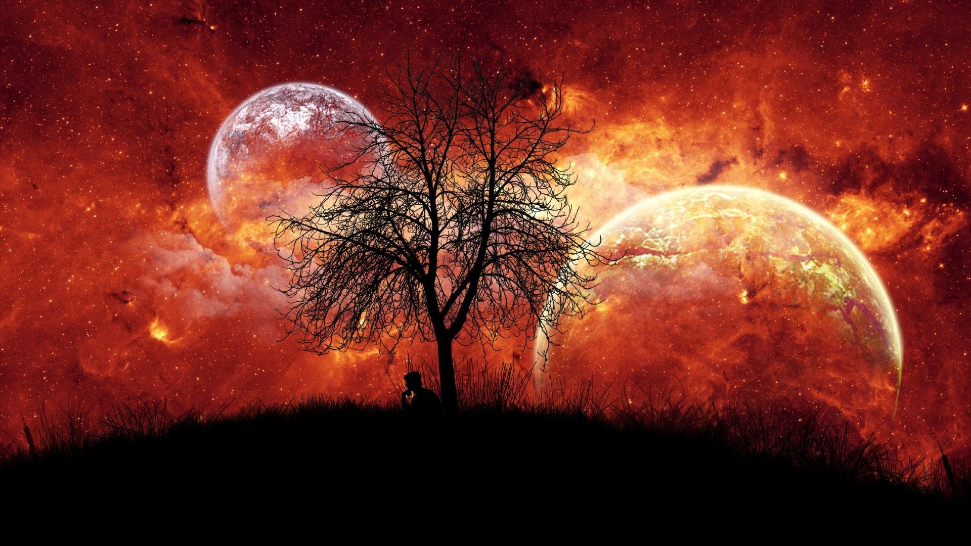 Download Silhouette Red Star Moon Planet Tree Artistic Fantasy HD Wallpaper