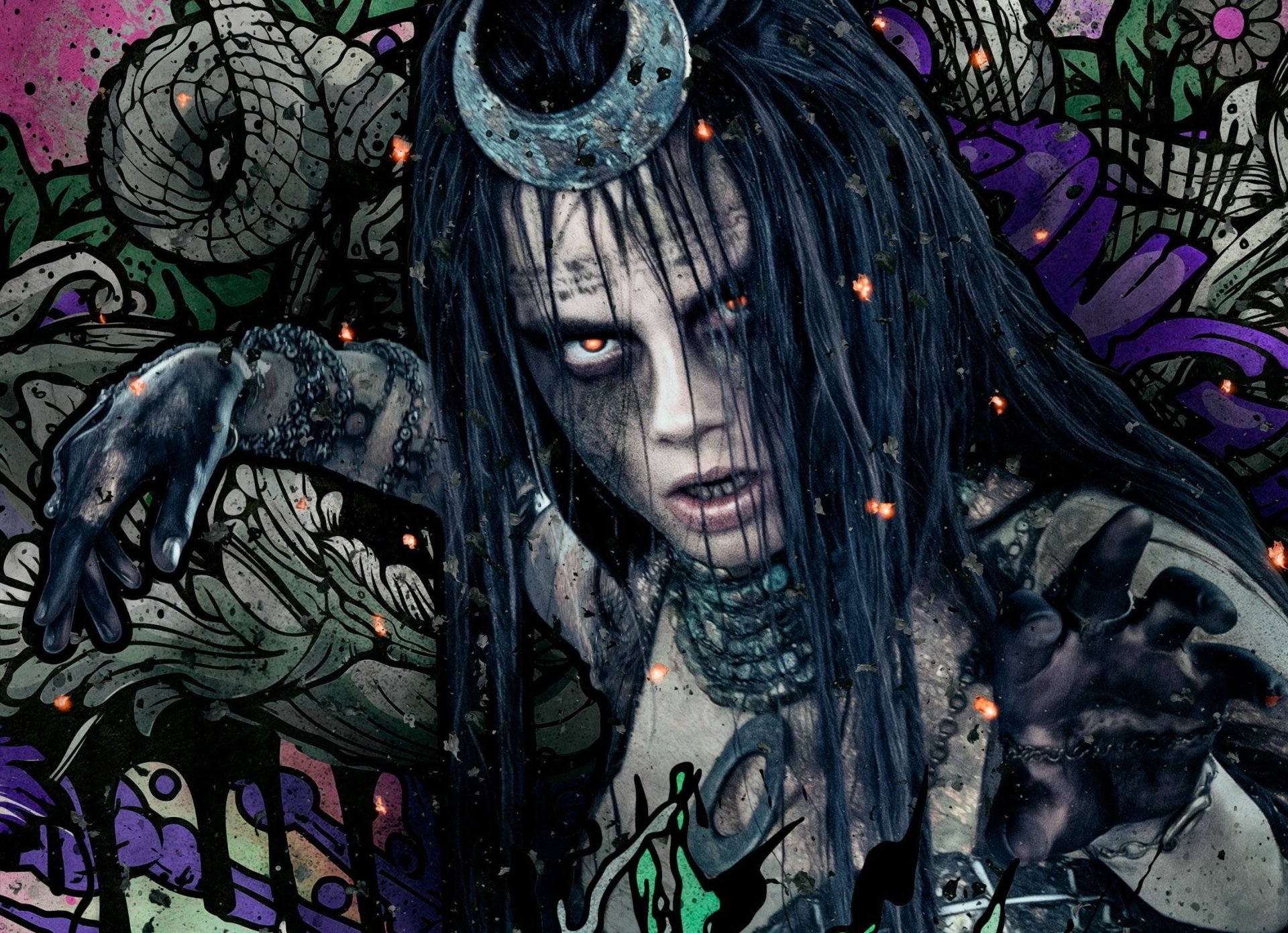 HD wallpaper featuring Cara Delevingne as Enchantress from the movie Suicide Squad. The character is depicted in a dark, mystical setting with an intense, haunting expression.