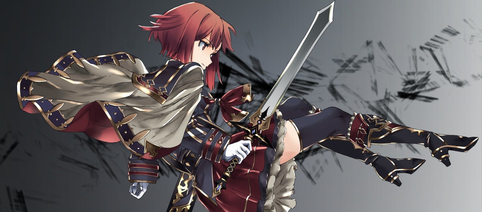 Anime-style HD desktop wallpaper of Z3 Max Schultz from Kantai Collection, featuring short brown hair, red eyes, a cape, gloves, skirt, pantyhose, boots, and wielding a sword.
