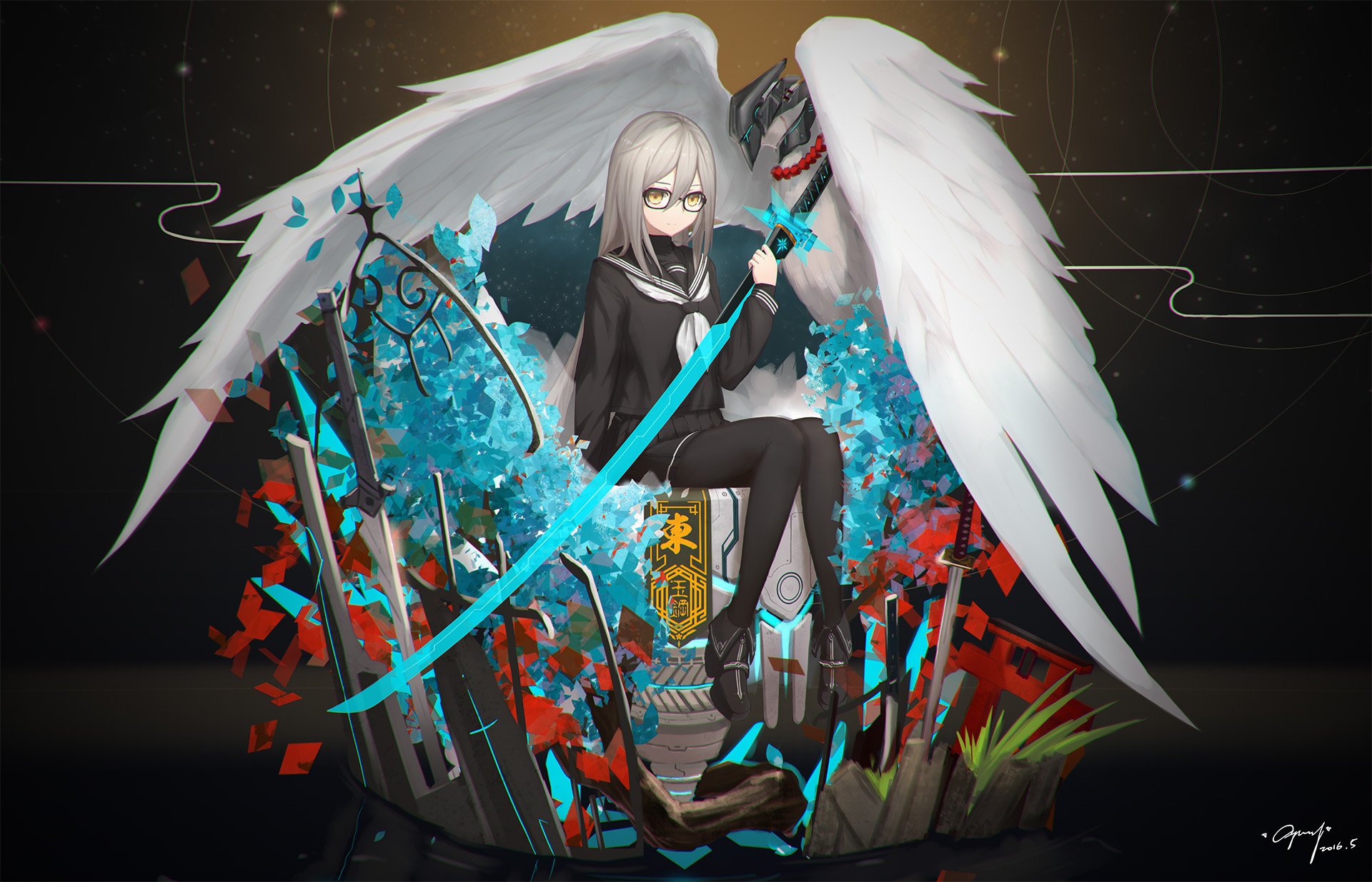 Anime-style character with white hair, yellow eyes, glasses, and bird wings, wearing a school uniform and thigh highs, holding a glowing katana in an HD desktop wallpaper.